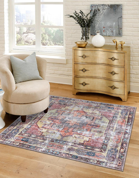 Washable Yellow Pink 5' 3 x 5' 3 Maahru Square Area Rug Easy to Clean Stain Resistant & Durable Polyester Chenille Carpet for Living, Dining, Bedrooms, Kitchen for Sale at Rug Engine