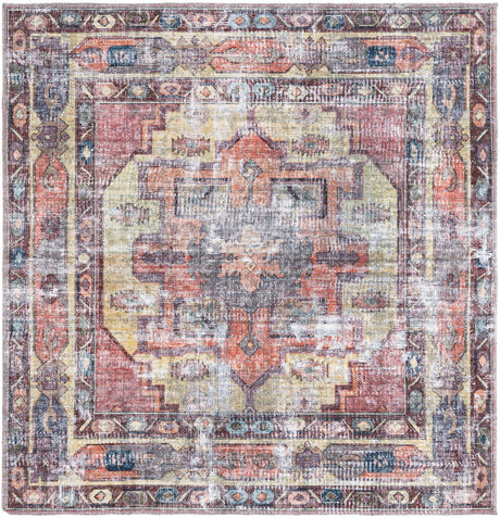 Washable Yellow Pink 5' 3 x 5' 3 Maahru Square Area Rug Easy to Clean Stain Resistant & Durable Polyester Chenille Carpet for Living, Dining, Bedrooms, Kitchen for Sale at Rug Engine