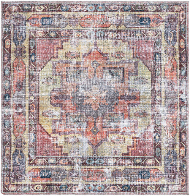 Washable Yellow Pink 5' 3 x 5' 3 Maahru Square Area Rug Easy to Clean Stain Resistant & Durable Polyester Chenille Carpet for Living, Dining, Bedrooms, Kitchen for Sale at Rug Engine