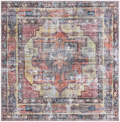 Washable Yellow Pink 7' 3 x 7' 3 Maahru Square Area Rug Easy to Clean Stain Resistant & Durable Polyester Chenille Carpet for Living, Dining, Bedrooms, Kitchen for Sale at Rug Engine