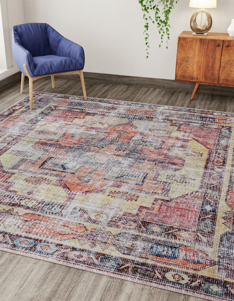 Washable Yellow Pink 7' 10 x 7' 10 Maahru Square Area Rug Easy to Clean Stain Resistant & Durable Polyester Chenille Carpet for Living, Dining, Bedrooms, Kitchen for Sale at Rug Engine