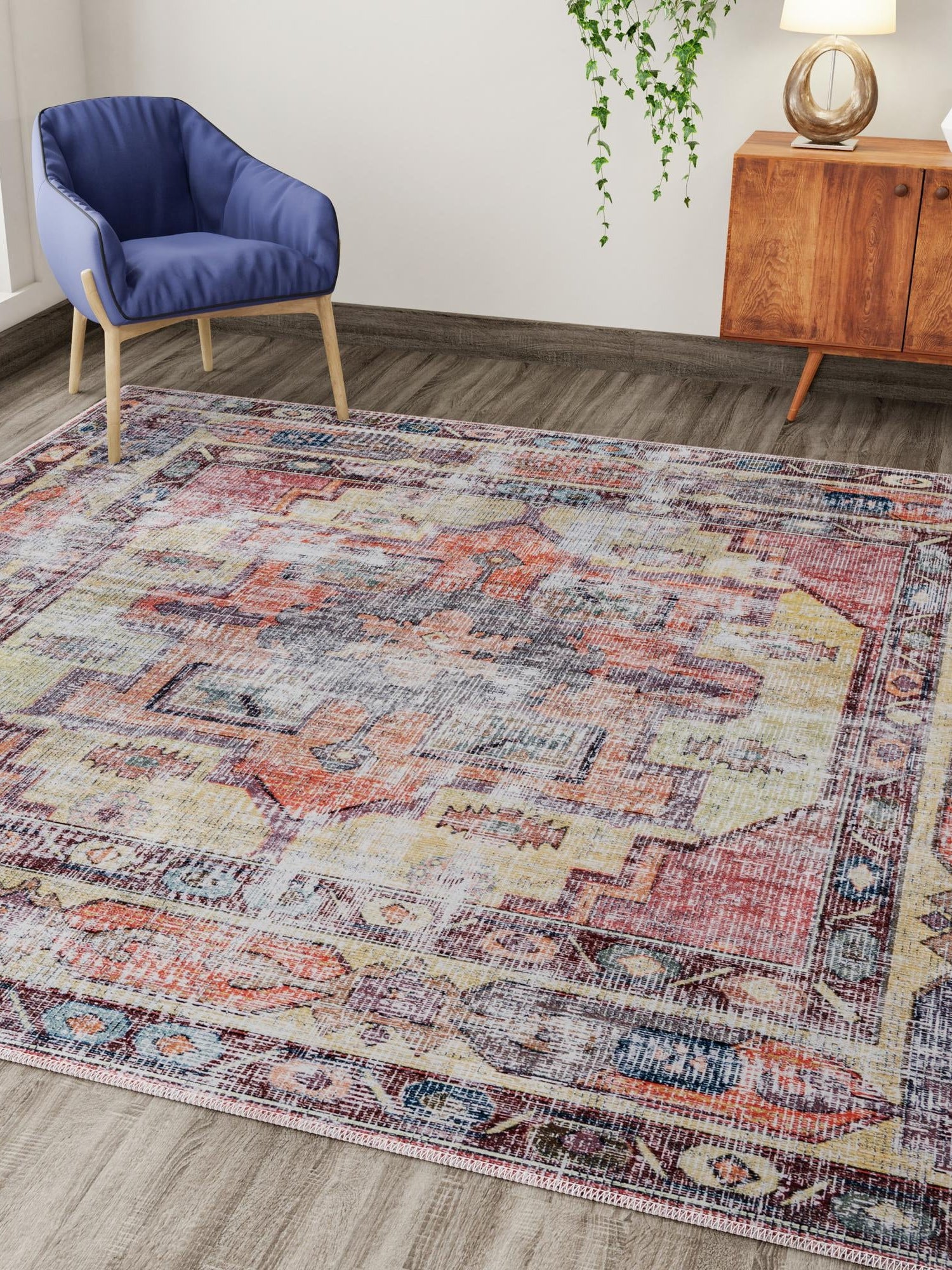 Washable Yellow Pink 7' 3 x 7' 3 Maahru Square Area Rug Easy to Clean Stain Resistant & Durable Polyester Chenille Carpet for Living, Dining, Bedrooms, Kitchen for Sale at Rug Engine