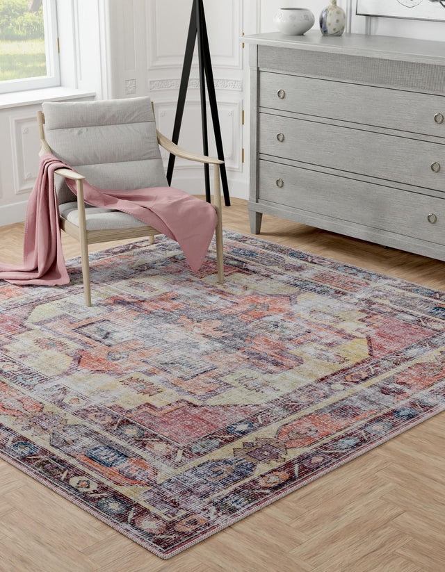 Washable Yellow Pink 7' 10 x 7' 10 Maahru Square Area Rug Easy to Clean Stain Resistant & Durable Polyester Chenille Carpet for Living, Dining, Bedrooms, Kitchen for Sale at Rug Engine