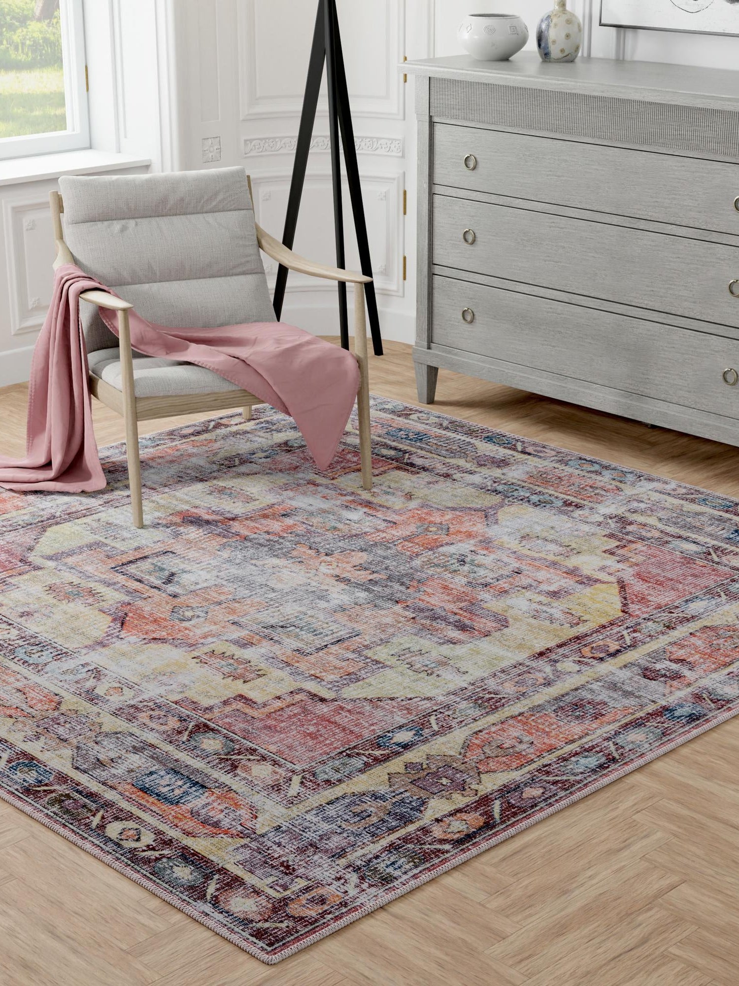 Washable Yellow Pink 7' 3 x 7' 3 Maahru Square Area Rug Easy to Clean Stain Resistant & Durable Polyester Chenille Carpet for Living, Dining, Bedrooms, Kitchen for Sale at Rug Engine
