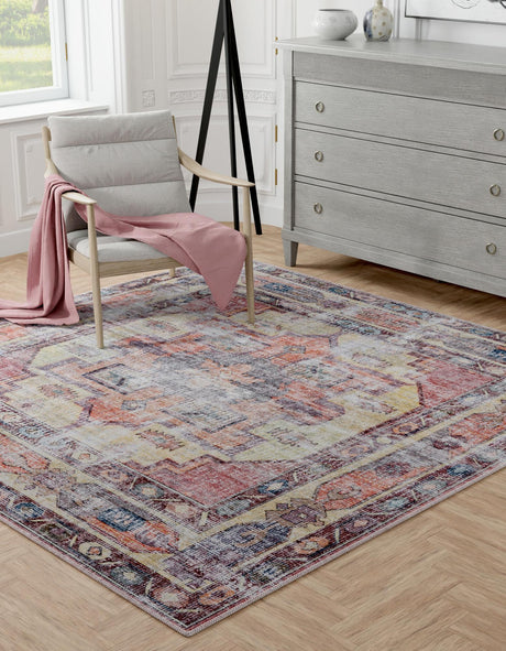 Washable Yellow Pink 7' 3 x 7' 3 Maahru Square Area Rug Easy to Clean Stain Resistant & Durable Polyester Chenille Carpet for Living, Dining, Bedrooms, Kitchen for Sale at Rug Engine