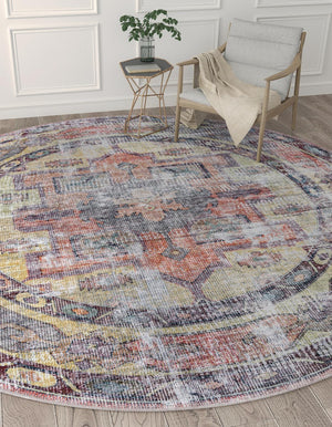 Washable Yellow Pink 10' 6 x 10' 6 Maahru Round Area Rug Easy to Clean Stain Resistant & Durable Polyester Chenille Carpet for Living, Dining, Bedrooms, Kitchen for Sale at Rug Engine