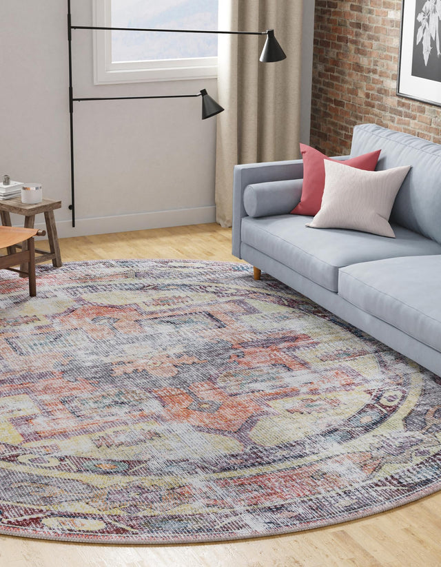 Washable Yellow Pink 10' 6 x 10' 6 Maahru Round Area Rug Easy to Clean Stain Resistant & Durable Polyester Chenille Carpet for Living, Dining, Bedrooms, Kitchen for Sale at Rug Engine