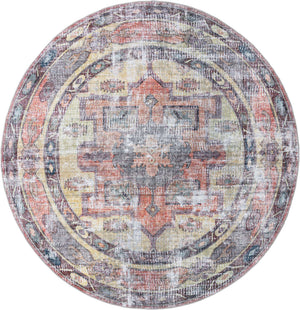 Washable Yellow Pink 10' 6 x 10' 6 Maahru Round Area Rug Easy to Clean Stain Resistant & Durable Polyester Chenille Carpet for Living, Dining, Bedrooms, Kitchen for Sale at Rug Engine