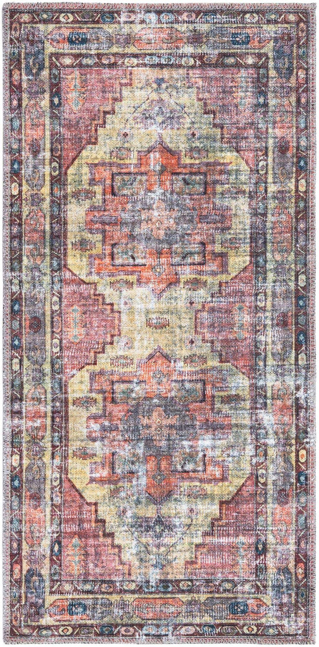 Washable Yellow Pink 2' x 4' 1 Maahru Runner Area Rug Easy to Clean Stain Resistant & Durable Polyester Chenille Carpet for Living, Dining, Bedrooms, Kitchen for Sale at Rug Engine