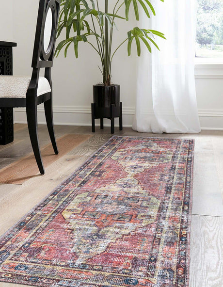 Washable Yellow Pink 2' x 6' 1 Maahru Runner Area Rug Easy to Clean Stain Resistant & Durable Polyester Chenille Carpet for Living, Dining, Bedrooms, Kitchen for Sale at Rug Engine