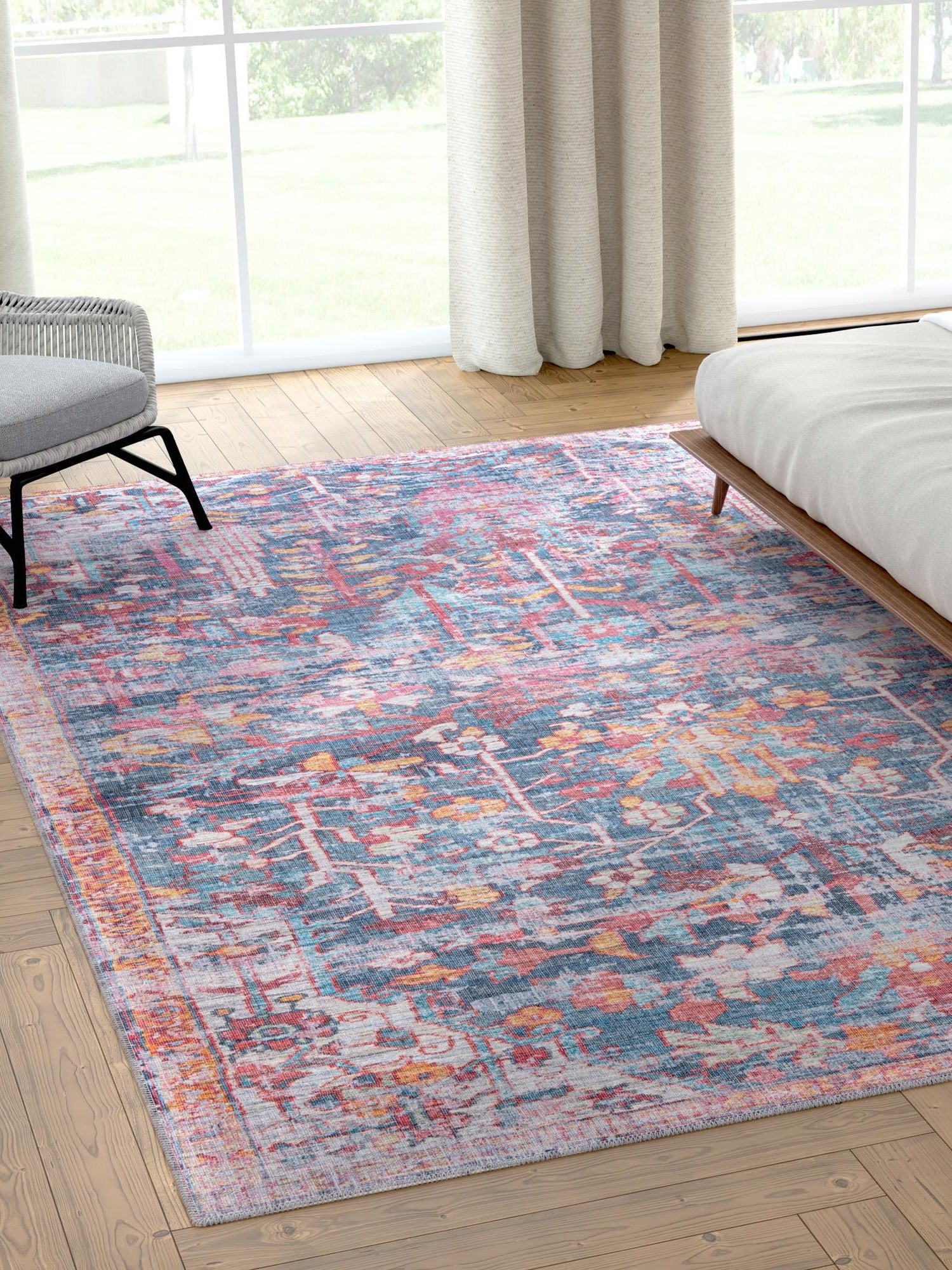 Washable Navy Blue 6' 1 x 9' Maahru Rectangle Area Rug Easy to Clean Stain Resistant & Durable Polyester Chenille Carpet for Living, Dining, Bedrooms, Kitchen for Sale at Rug Engine