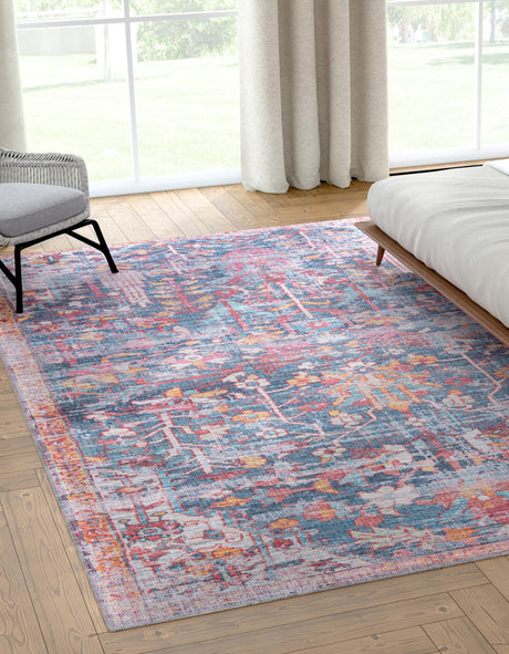 Washable Navy Blue 2' x 3' 1 Maahru Rectangle Area Rug Easy to Clean Stain Resistant & Durable Polyester Chenille Carpet for Living, Dining, Bedrooms, Kitchen for Sale at Rug Engine