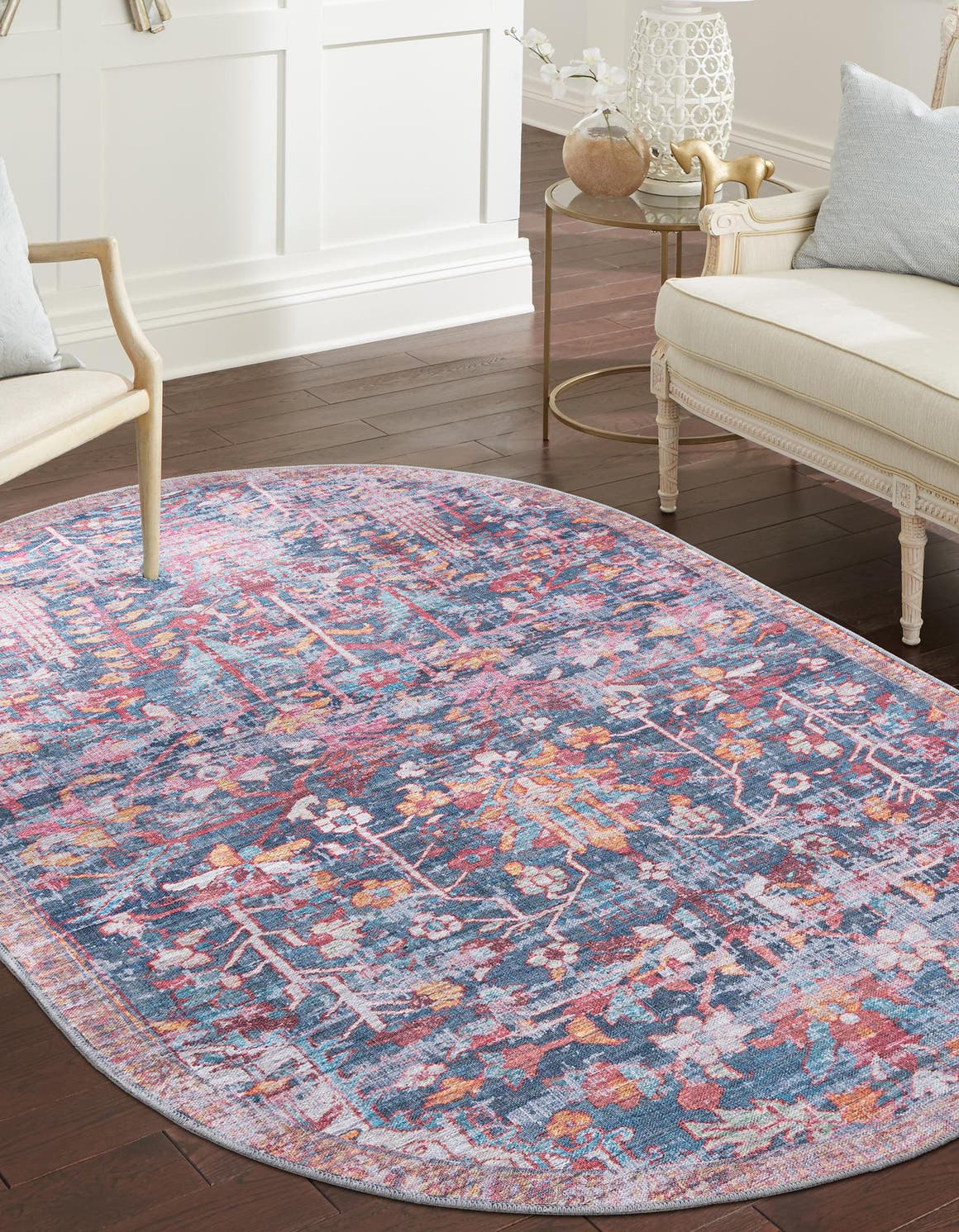 Washable Navy Blue 5' 3 x 8' Maahru Oval Area Rug Easy to Clean Stain Resistant & Durable Polyester Chenille Carpet for Living, Dining, Bedrooms, Kitchen for Sale at Rug Engine