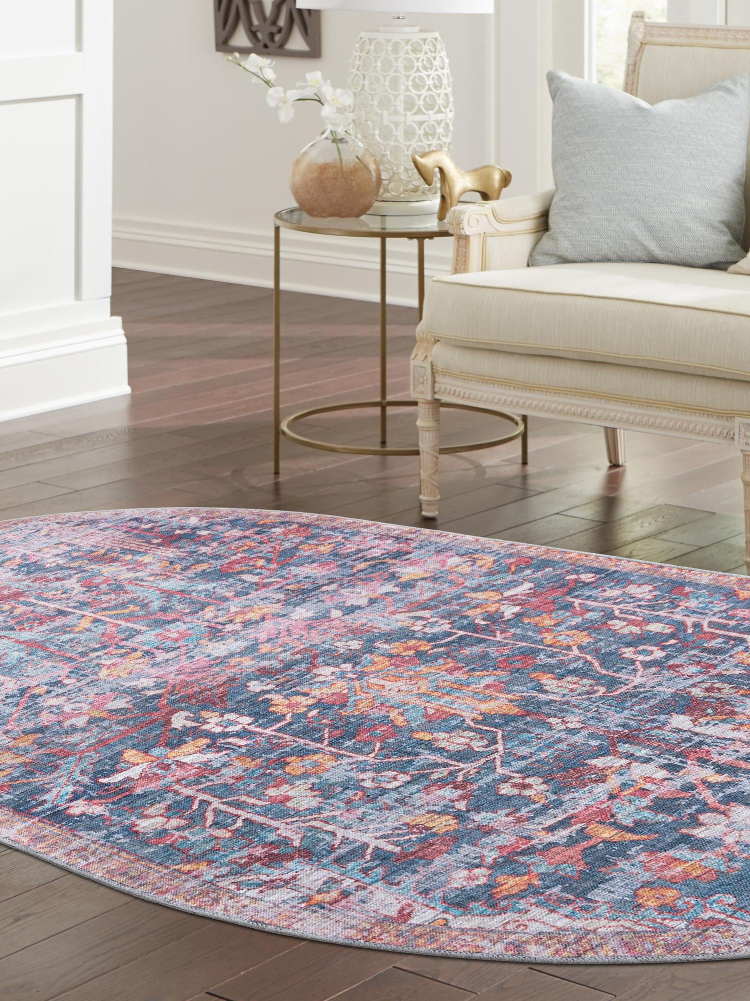 Washable Navy Blue 5' 3 x 8' Maahru Oval Area Rug Easy to Clean Stain Resistant & Durable Polyester Chenille Carpet for Living, Dining, Bedrooms, Kitchen for Sale at Rug Engine