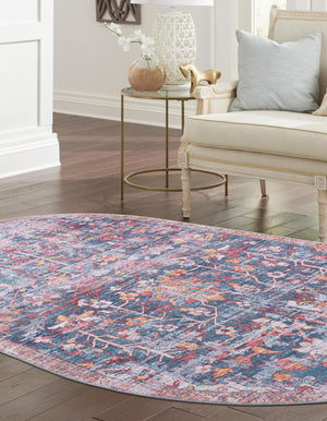 Washable Navy Blue 5' 3 x 8' Maahru Oval Area Rug Easy to Clean Stain Resistant & Durable Polyester Chenille Carpet for Living, Dining, Bedrooms, Kitchen for Sale at Rug Engine