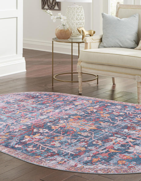 Washable Navy Blue 5' 3 x 8' Maahru Oval Area Rug Easy to Clean Stain Resistant & Durable Polyester Chenille Carpet for Living, Dining, Bedrooms, Kitchen for Sale at Rug Engine