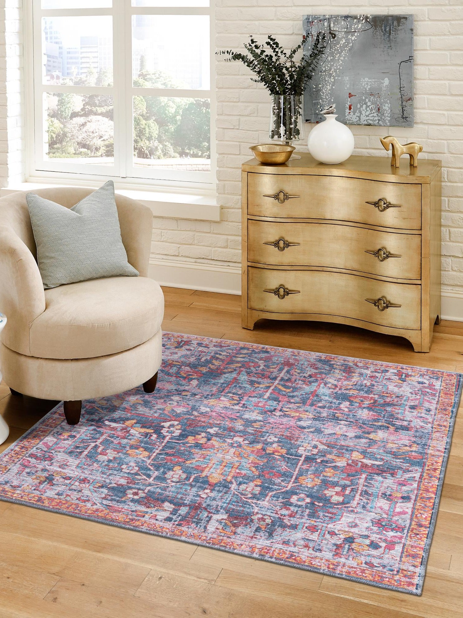 Washable Navy Blue 7' 10 x 7' 10 Maahru Square Area Rug Easy to Clean Stain Resistant & Durable Polyester Chenille Carpet for Living, Dining, Bedrooms, Kitchen for Sale at Rug Engine
