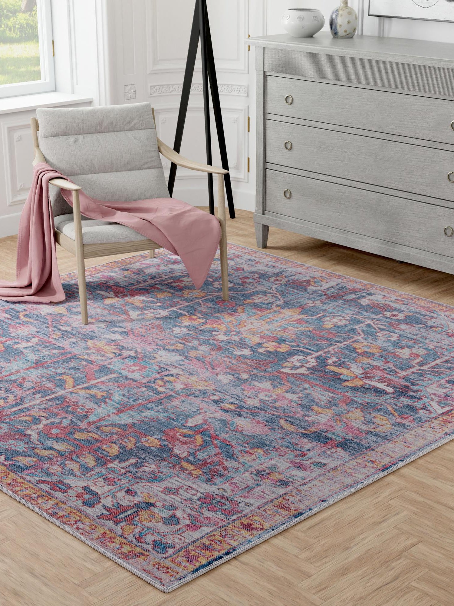 Washable Navy Blue 7' 10 x 7' 10 Maahru Square Area Rug Easy to Clean Stain Resistant & Durable Polyester Chenille Carpet for Living, Dining, Bedrooms, Kitchen for Sale at Rug Engine