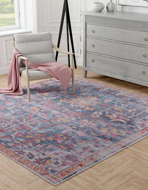 Washable Navy Blue 7' 10 x 7' 10 Maahru Square Area Rug Easy to Clean Stain Resistant & Durable Polyester Chenille Carpet for Living, Dining, Bedrooms, Kitchen for Sale at Rug Engine
