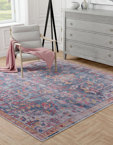 Washable Navy Blue 7' 10 x 7' 10 Maahru Square Area Rug Easy to Clean Stain Resistant & Durable Polyester Chenille Carpet for Living, Dining, Bedrooms, Kitchen for Sale at Rug Engine
