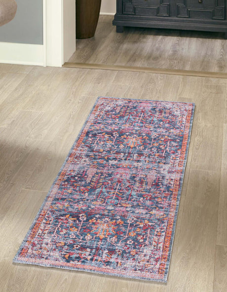 Washable Navy Blue 2' 7 x 13' 1 Maahru Runner Area Rug Easy to Clean Stain Resistant & Durable Polyester Chenille Carpet for Living, Dining, Bedrooms, Kitchen for Sale at Rug Engine