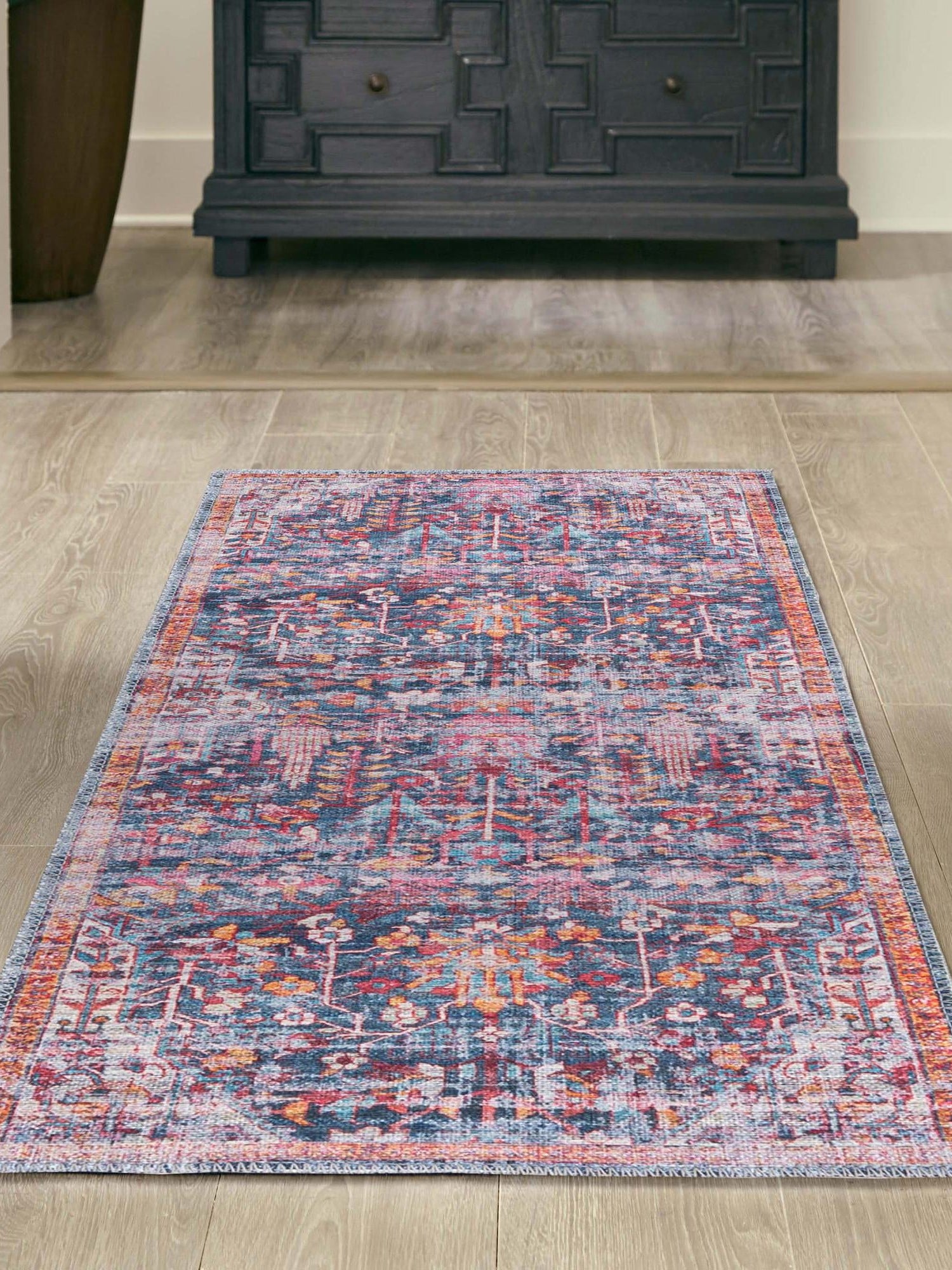 Washable Navy Blue 2' 7 x 13' 1 Maahru Runner Area Rug Easy to Clean Stain Resistant & Durable Polyester Chenille Carpet for Living, Dining, Bedrooms, Kitchen for Sale at Rug Engine
