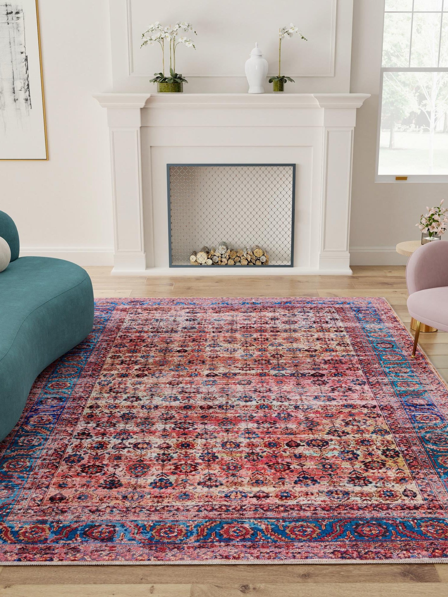 Washable Antique Pink 7' 10 x 10' Maahru Rectangle Area Rug Easy to Clean Stain Resistant & Durable Polyester Chenille Carpet for Living, Dining, Bedrooms, Kitchen for Sale at Rug Engine