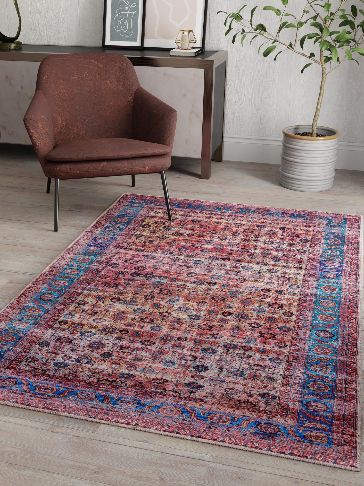 Washable Antique Pink 7' 3 x 10' Maahru Rectangle Area Rug Easy to Clean Stain Resistant & Durable Polyester Chenille Carpet for Living, Dining, Bedrooms, Kitchen for Sale at Rug Engine