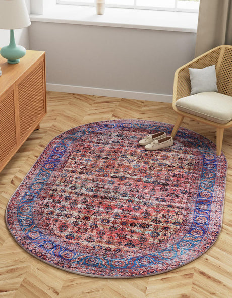 Washable Antique Pink 4' 1 x 6' 1 Maahru Oval Area Rug Easy to Clean Stain Resistant & Durable Polyester Chenille Carpet for Living, Dining, Bedrooms, Kitchen for Sale at Rug Engine
