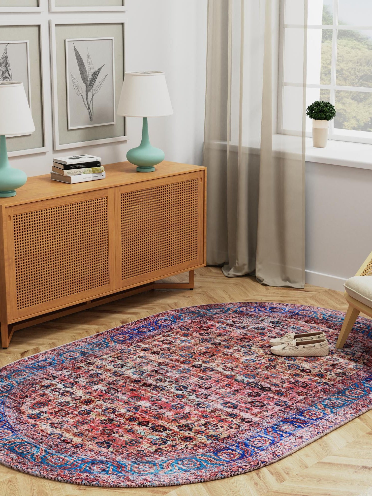 Washable Antique Pink 5' 3 x 8' Maahru Oval Area Rug Easy to Clean Stain Resistant & Durable Polyester Chenille Carpet for Living, Dining, Bedrooms, Kitchen for Sale at Rug Engine