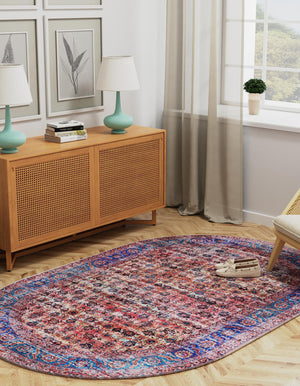 Washable Antique Pink 5' 3 x 8' Maahru Oval Area Rug Easy to Clean Stain Resistant & Durable Polyester Chenille Carpet for Living, Dining, Bedrooms, Kitchen for Sale at Rug Engine