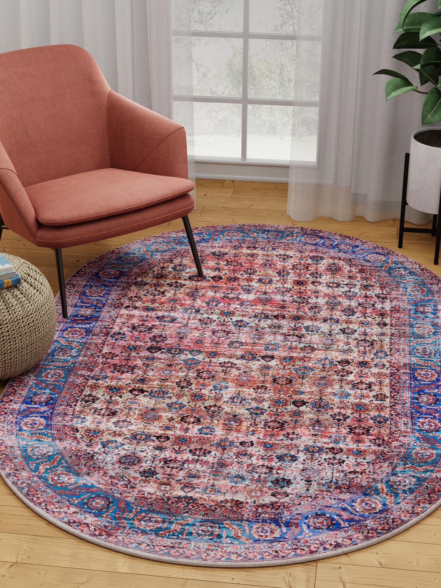 Washable Antique Pink 5' 3 x 8' Maahru Oval Area Rug Easy to Clean Stain Resistant & Durable Polyester Chenille Carpet for Living, Dining, Bedrooms, Kitchen for Sale at Rug Engine
