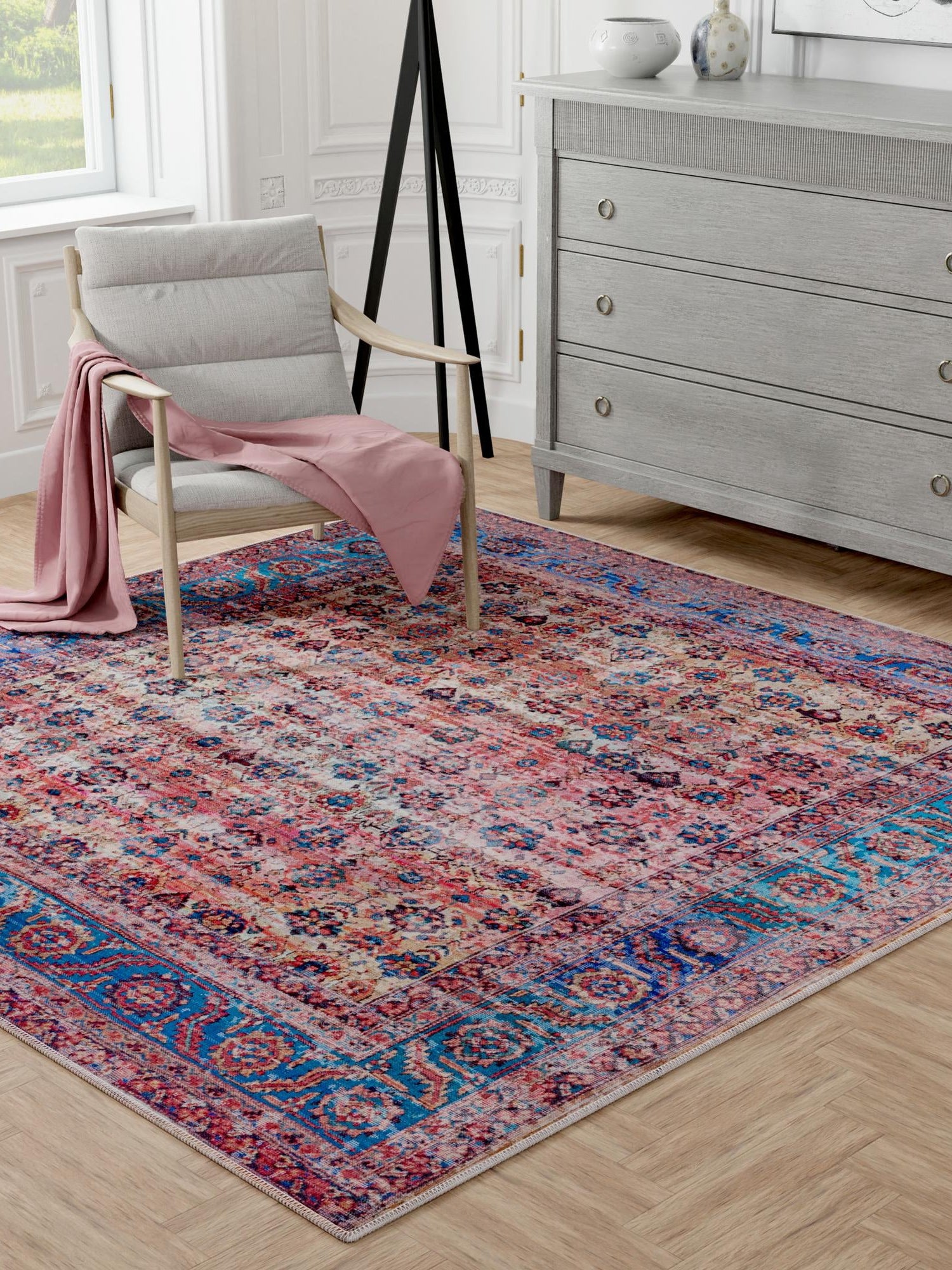 Washable Antique Pink 7' 3 x 7' 3 Maahru Square Area Rug Easy to Clean Stain Resistant & Durable Polyester Chenille Carpet for Living, Dining, Bedrooms, Kitchen for Sale at Rug Engine