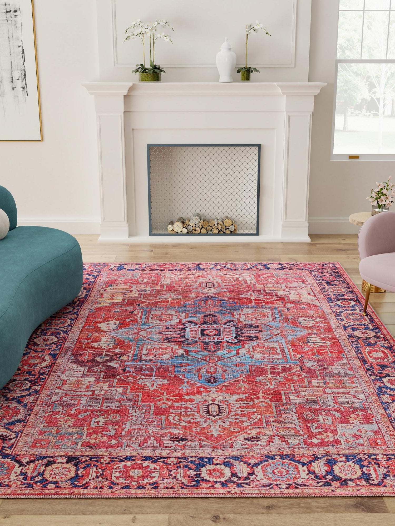 Washable Rust Red 5' 3 x 8' Maahru Rectangle Area Rug Easy to Clean Stain Resistant & Durable Polyester Chenille Carpet for Living, Dining, Bedrooms, Kitchen for Sale at Rug Engine