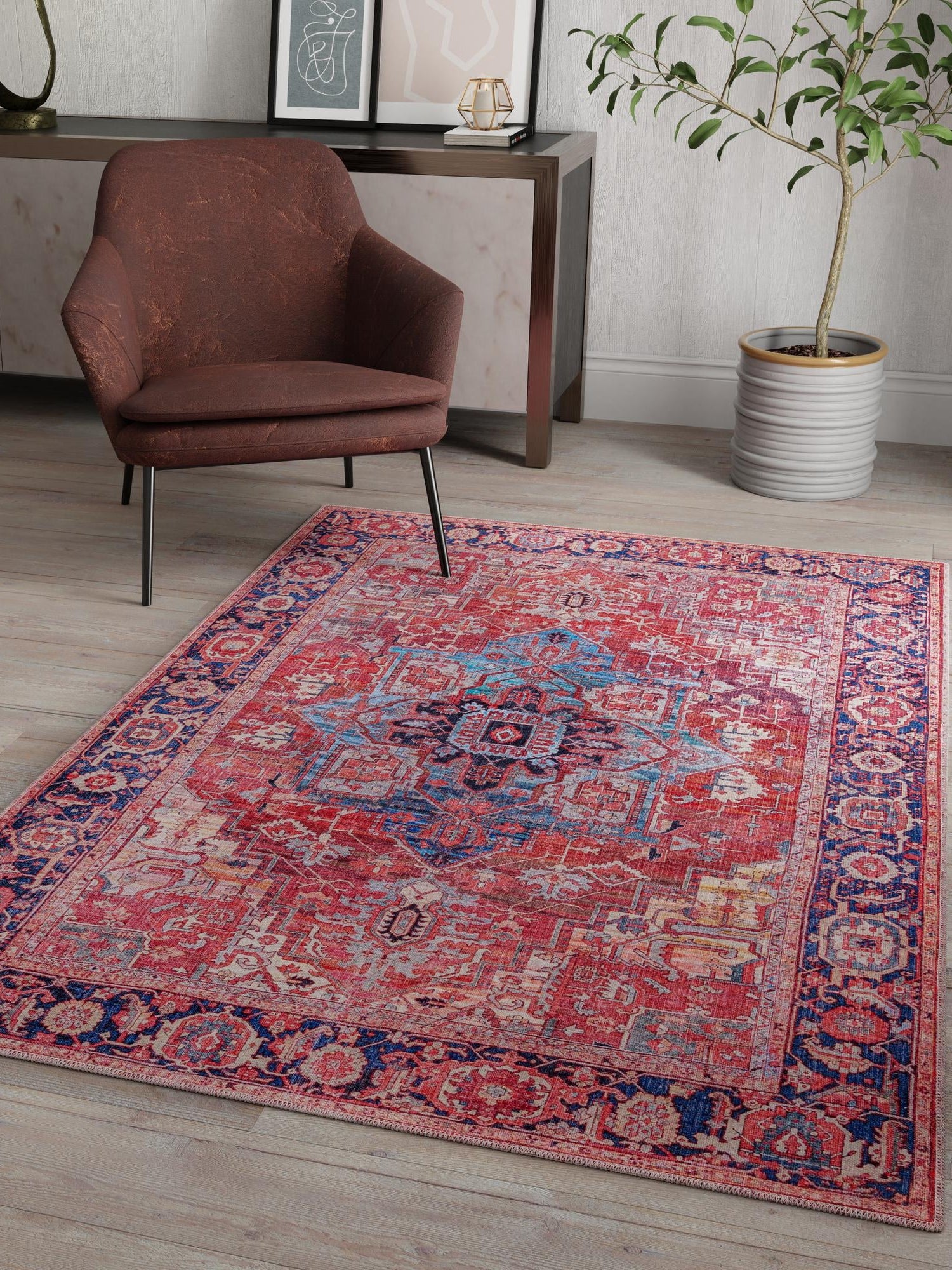Washable Rust Red 2' x 3' 1 Maahru Rectangle Area Rug Easy to Clean Stain Resistant & Durable Polyester Chenille Carpet for Living, Dining, Bedrooms, Kitchen for Sale at Rug Engine