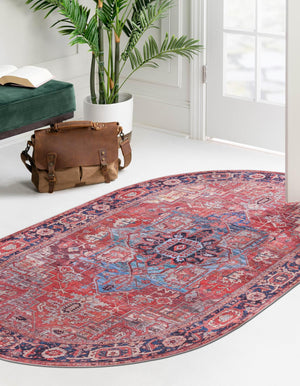 Washable Rust Red 4' 1 x 6' 1 Maahru Oval Area Rug Easy to Clean Stain Resistant & Durable Polyester Chenille Carpet for Living, Dining, Bedrooms, Kitchen for Sale at Rug Engine