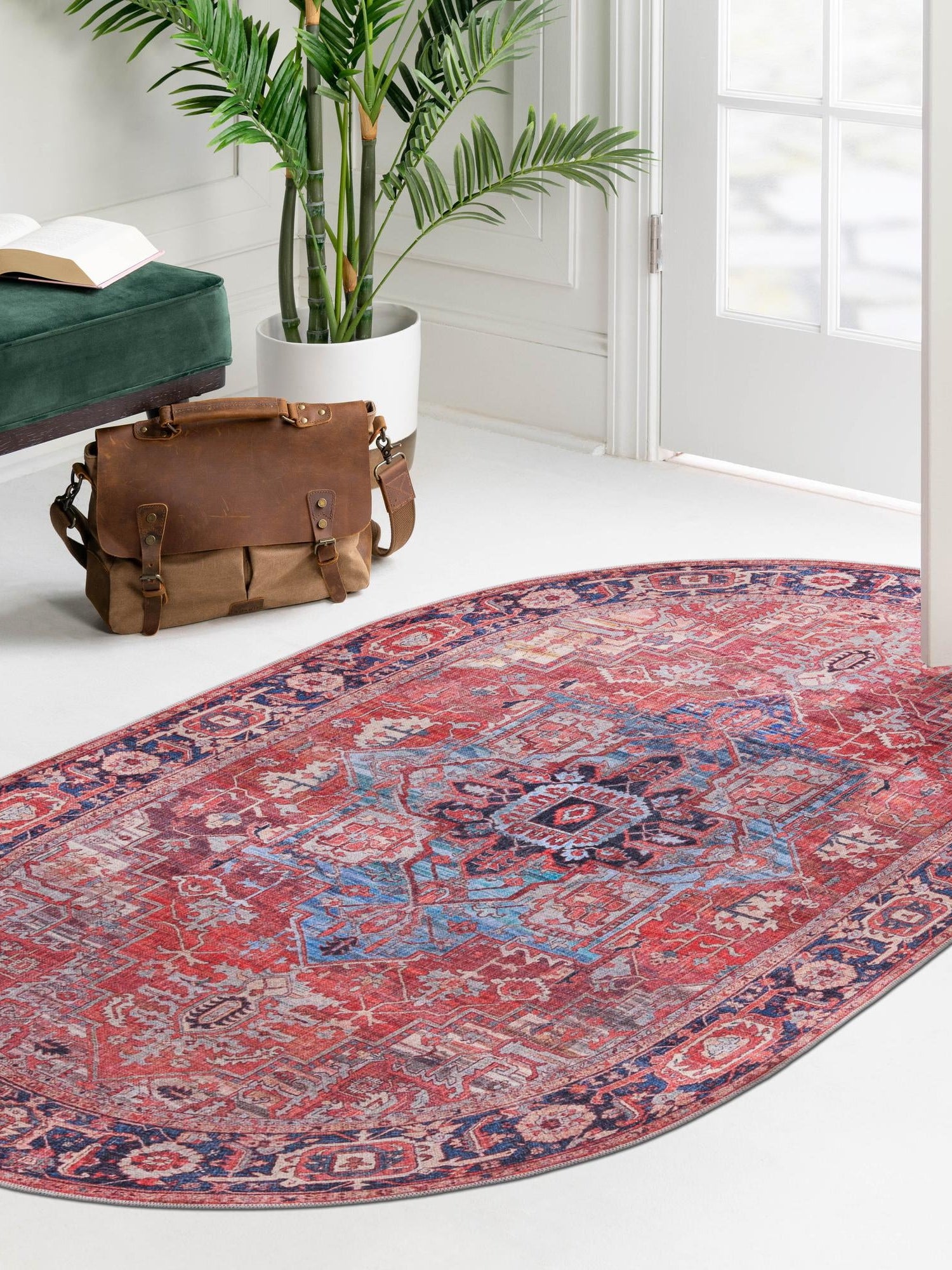 Washable Rust Red 2' x 3' 1 Maahru Oval Area Rug Easy to Clean Stain Resistant & Durable Polyester Chenille Carpet for Living, Dining, Bedrooms, Kitchen for Sale at Rug Engine
