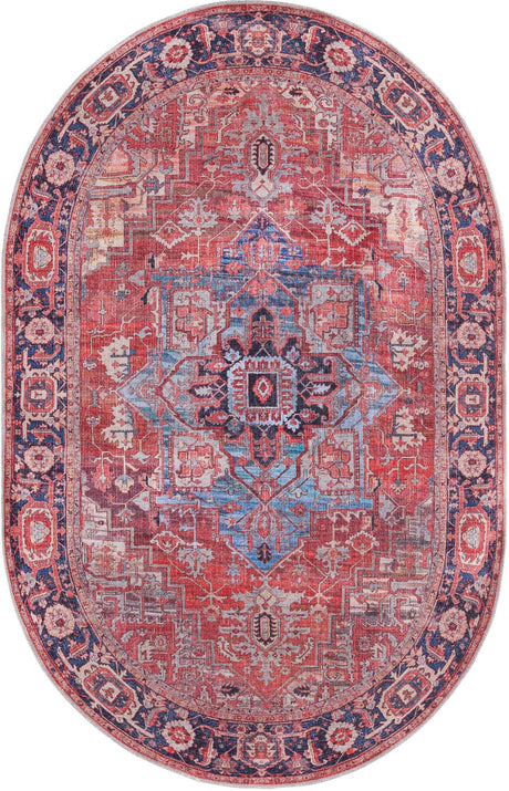 Washable Rust Red 5' 3 x 8' Maahru Oval Area Rug Easy to Clean Stain Resistant & Durable Polyester Chenille Carpet for Living, Dining, Bedrooms, Kitchen for Sale at Rug Engine