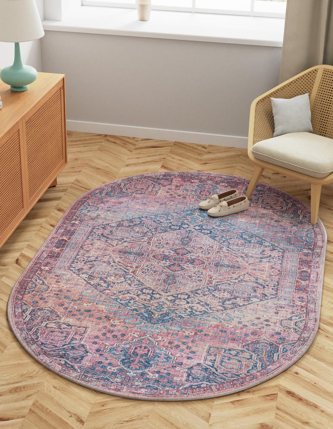 Washable Antique Rust Red 4' 1 x 6' 1 Maahru Oval Area Rug Easy to Clean Stain Resistant & Durable Polyester Chenille Carpet for Living, Dining, Bedrooms, Kitchen for Sale at Rug Engine