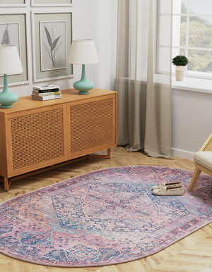 Washable Antique Rust Red 5' 3 x 8' Maahru Oval Area Rug Easy to Clean Stain Resistant & Durable Polyester Chenille Carpet for Living, Dining, Bedrooms, Kitchen for Sale at Rug Engine