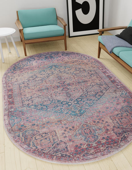 Washable Antique Rust Red 5' 3 x 8' Maahru Oval Area Rug Easy to Clean Stain Resistant & Durable Polyester Chenille Carpet for Living, Dining, Bedrooms, Kitchen for Sale at Rug Engine