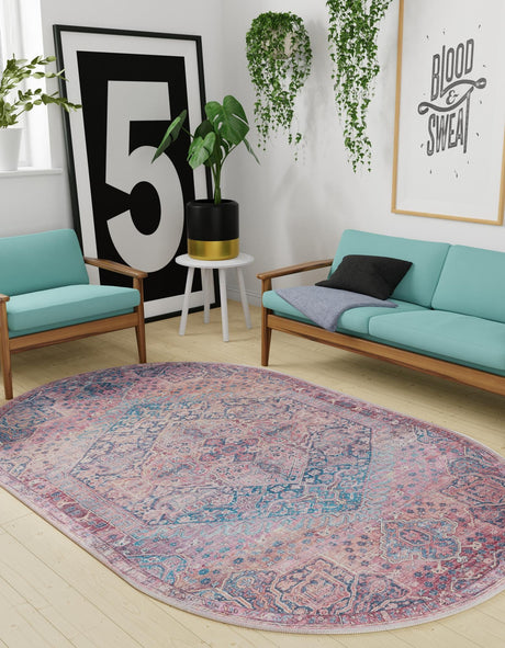 Washable Antique Rust Red 5' 3 x 8' Maahru Oval Area Rug Easy to Clean Stain Resistant & Durable Polyester Chenille Carpet for Living, Dining, Bedrooms, Kitchen for Sale at Rug Engine