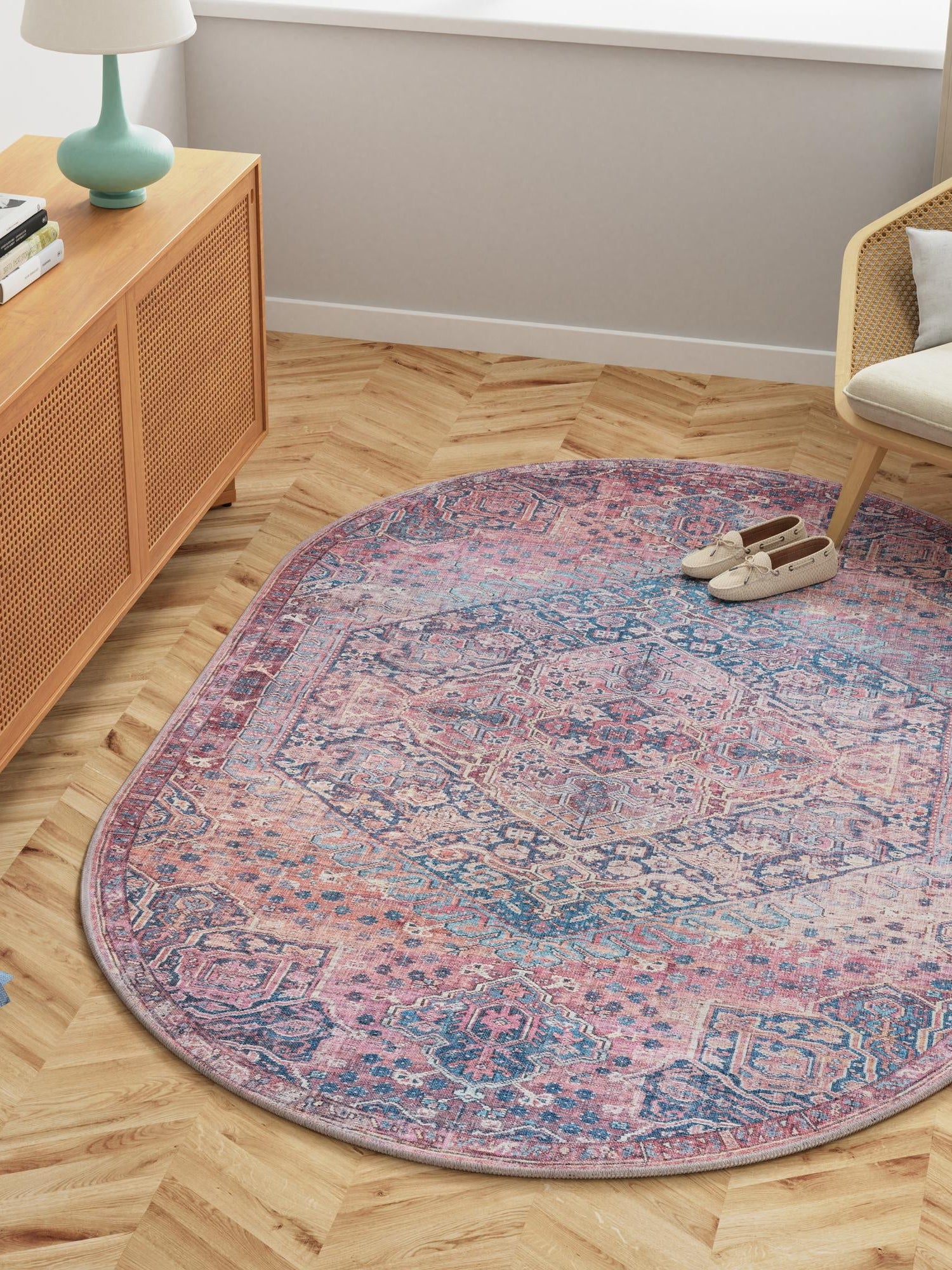 Washable Antique Rust Red 5' 3 x 8' Maahru Oval Area Rug Easy to Clean Stain Resistant & Durable Polyester Chenille Carpet for Living, Dining, Bedrooms, Kitchen for Sale at Rug Engine