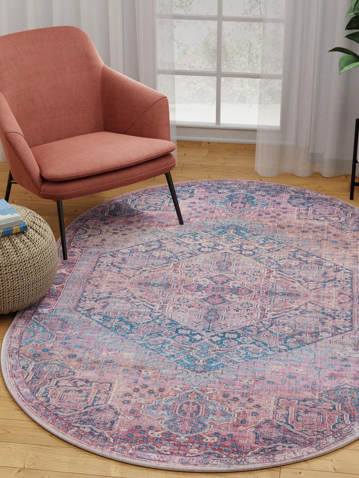 Washable Antique Rust Red 5' 3 x 8' Maahru Oval Area Rug Easy to Clean Stain Resistant & Durable Polyester Chenille Carpet for Living, Dining, Bedrooms, Kitchen for Sale at Rug Engine