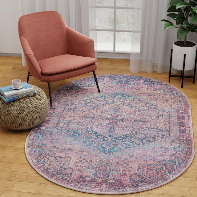 Washable Antique Rust Red 5' 3 x 8' Maahru Oval Area Rug Easy to Clean Stain Resistant & Durable Polyester Chenille Carpet for Living, Dining, Bedrooms, Kitchen for Sale at Rug Engine