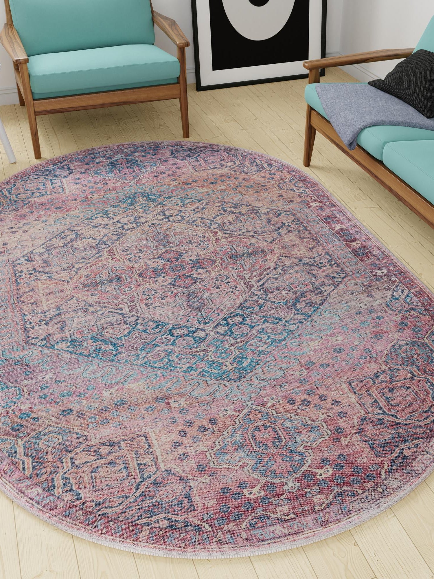 Washable Antique Rust Red 5' 3 x 8' Maahru Oval Area Rug Easy to Clean Stain Resistant & Durable Polyester Chenille Carpet for Living, Dining, Bedrooms, Kitchen for Sale at Rug Engine
