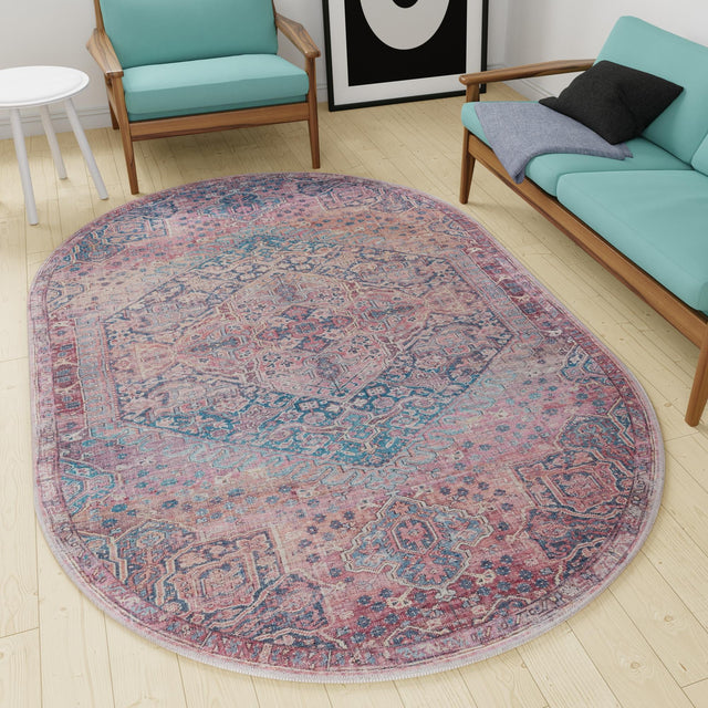 Washable Antique Rust Red 5' 3 x 8' Maahru Oval Area Rug Easy to Clean Stain Resistant & Durable Polyester Chenille Carpet for Living, Dining, Bedrooms, Kitchen for Sale at Rug Engine