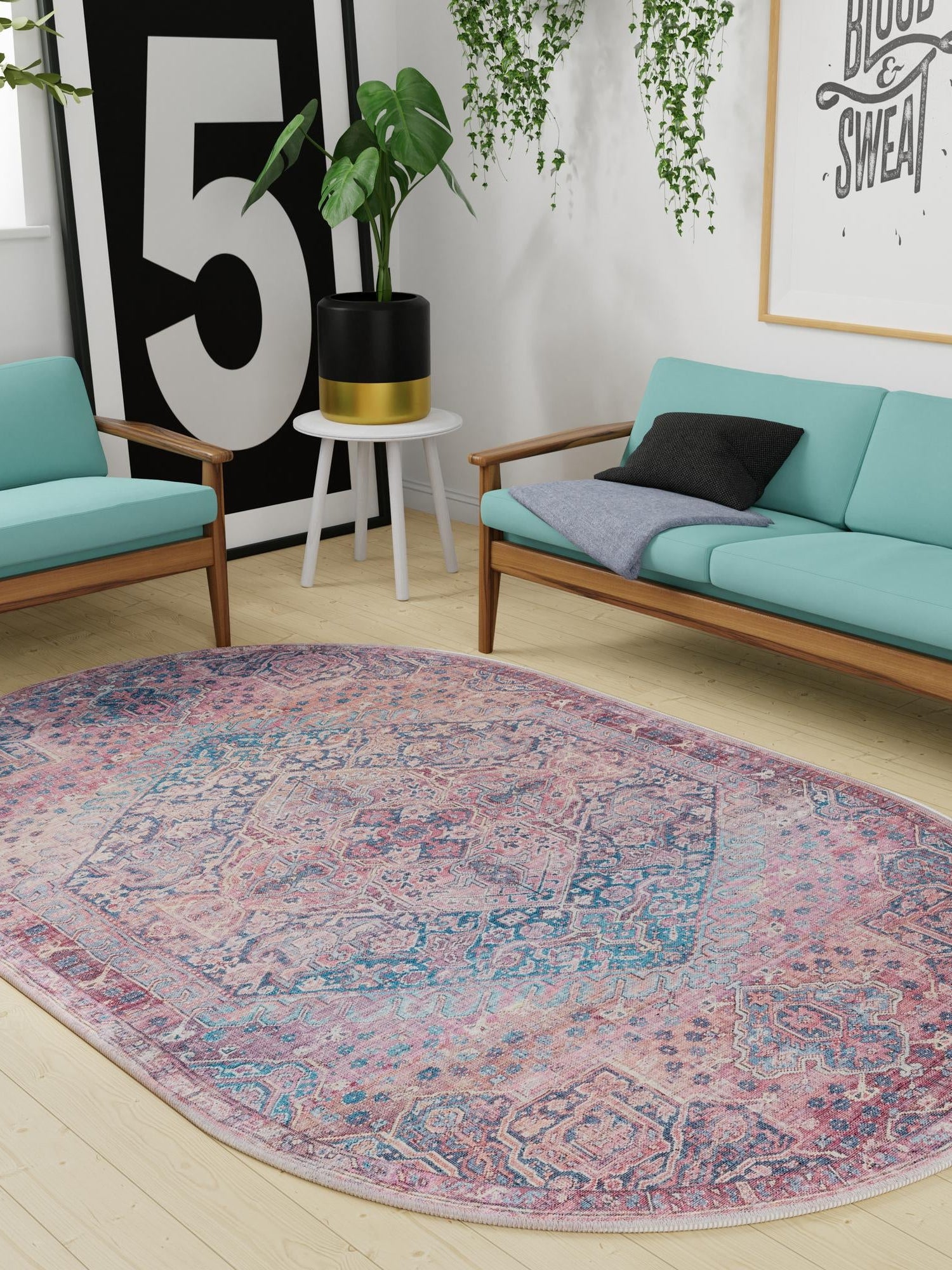 Washable Antique Rust Red 5' 3 x 8' Maahru Oval Area Rug Easy to Clean Stain Resistant & Durable Polyester Chenille Carpet for Living, Dining, Bedrooms, Kitchen for Sale at Rug Engine