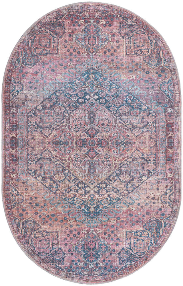 Washable Antique Rust Red 5' 3 x 8' Maahru Oval Area Rug Easy to Clean Stain Resistant & Durable Polyester Chenille Carpet for Living, Dining, Bedrooms, Kitchen for Sale at Rug Engine