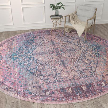 Washable Antique Rust Red 10' 6 x 10' 6 Maahru Round Area Rug Easy to Clean Stain Resistant & Durable Polyester Chenille Carpet for Living, Dining, Bedrooms, Kitchen for Sale at Rug Engine